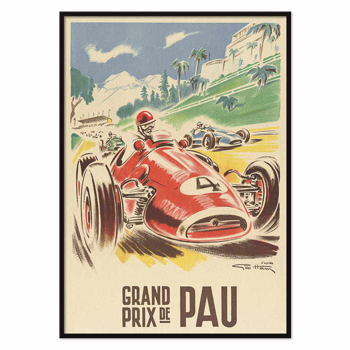 Georges Hamel Grand Prix de Pau poster with red racing car on a sunlit circuit near green hills and mountain castle, with black aluminium frame on white background