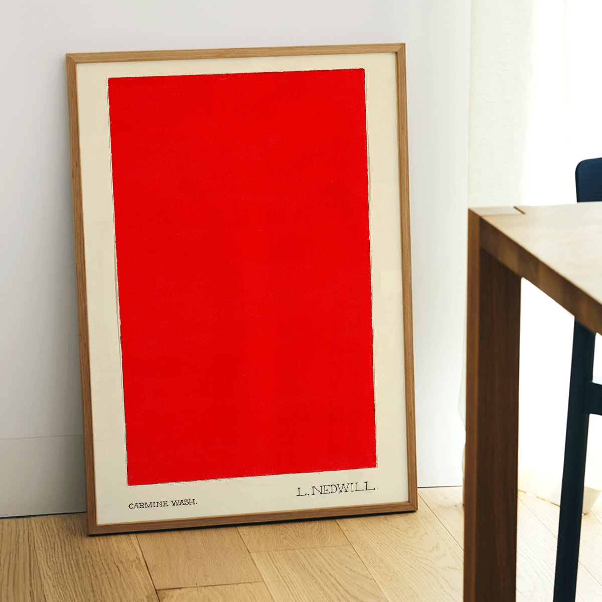 Bold red abstract rectangle painting and poster on cream background Carmine Wash by Elizabeth A Nedwill wall art, framed and displayed in modern living room decor