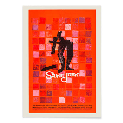 Abstract red and black Saint Joan Movie poster by Saul Bass with stylized figure on checkered background and abstract red squares, with black aluminium frame on white background