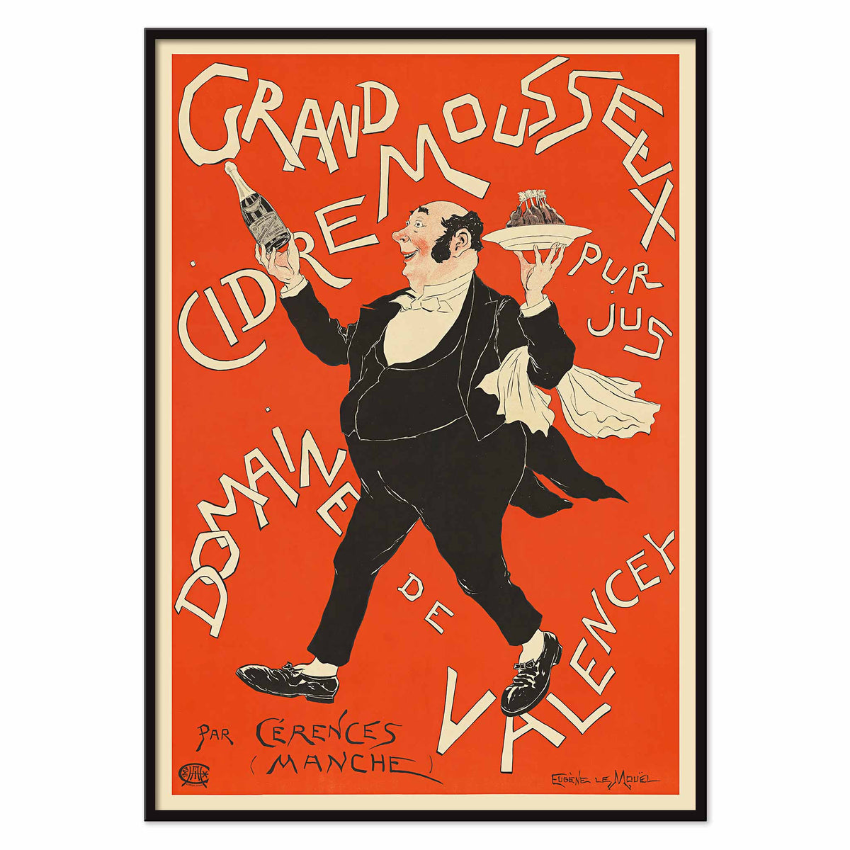 Eugène Le Mouel Grand sparkling cider poster with waiter, bottle and tray in lively red and cream advertising scene, with black aluminium frame on white background