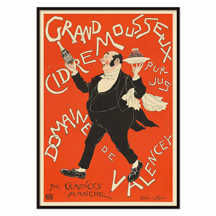 Eugène Le Mouel Grand sparkling cider poster with waiter, bottle and tray in lively red and cream advertising scene, with black aluminium frame on white background