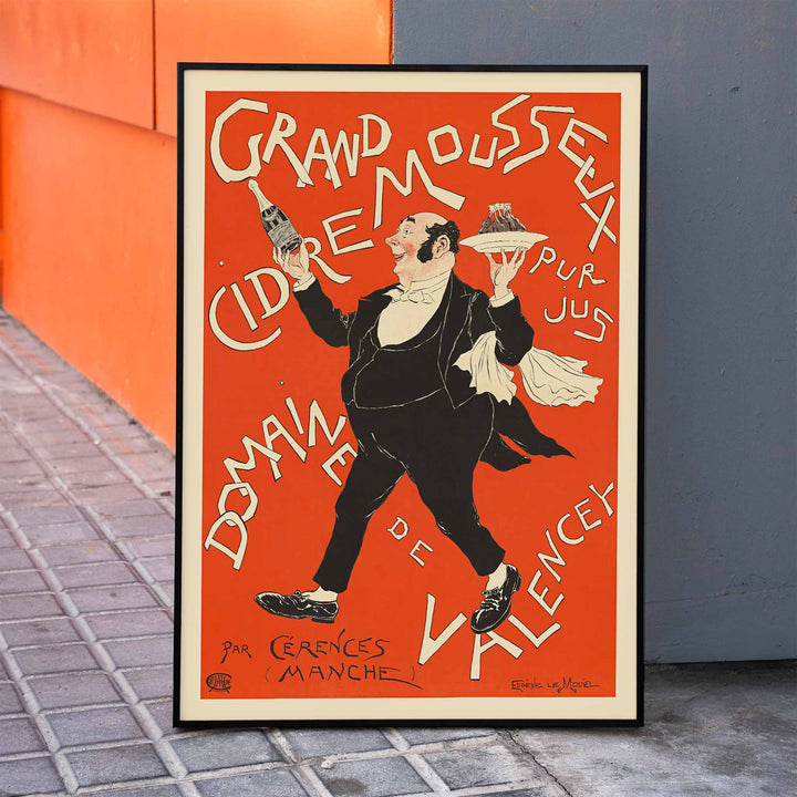 Eugène Le Mouel Grand sparkling cider poster with waiter, bottle and tray in lively red and cream advertising scene, framed and displayed in home decor