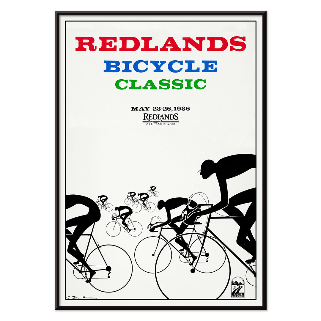 Cyclists racing illustration and poster by Karlis Smiltens titled Redlands Bicycle Classic featuring red blue and green text on white background, with black aluminium frame on white background