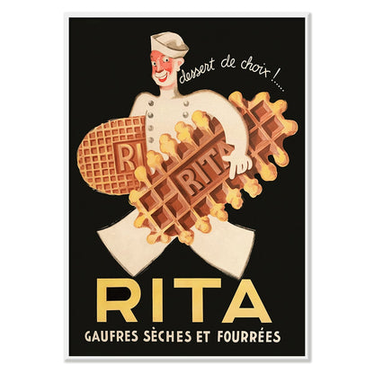 Chef holding waffles with dessert de choix by Leon Dupin titled Rita Gaufres on a vintage style poster promoting desserts, with black aluminium frame on white background