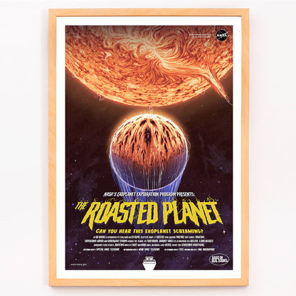 NASA poster of The Roasted Planet exoplanet being scorched by its star with vivid eruptions and a burning surface, framed and displayed in modern living room decor
