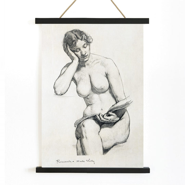 Nude Study 1896 by Kenion Cox pencil sketch of a seated nude woman reading a book contemplative expression art poster, with wooden magnetic frame on white background