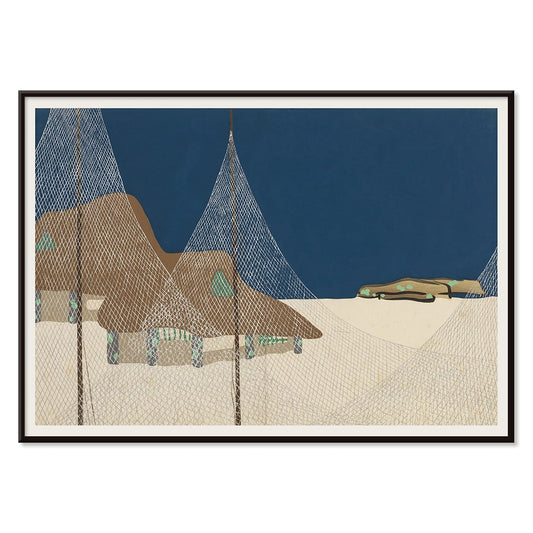 Ryoson by Kamisaka Sekka coastal scene with fishing nets mountains net-covered structures blue sky and landscape, with black aluminium frame on white background