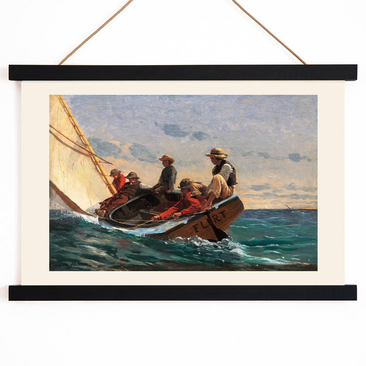 Sailboat crew navigating ocean waves and people sailing on a boat in the sea The Flirt by Winslow Homer, with wooden magnetic frame on white background