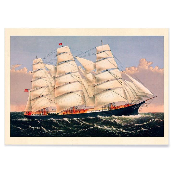 Clipper Ship Three Brothers by Currier and Ives majestic sailing ship poster at sea largest vessel in the world, with black aluminium frame on white background