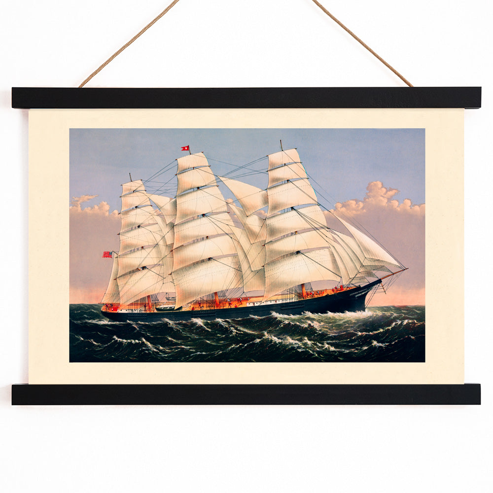 Clipper Ship Three Brothers by Currier and Ives majestic sailing ship poster at sea largest vessel in the world, with wooden magnetic frame on white background