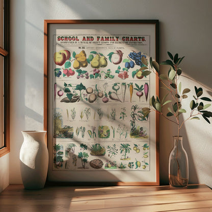 Botanical chart by Marcius Willson showing the economical use of plants with illustrations of fruits vegetables and plants poster, framed and displayed in modern living room decor