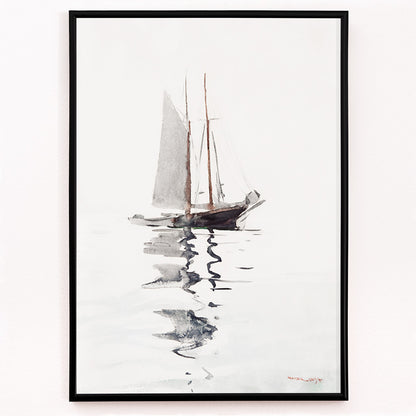 Closeup detail of Watercolor painting and poster of a two masted schooner with dory on calm water in watercolor style by Winslow Homer