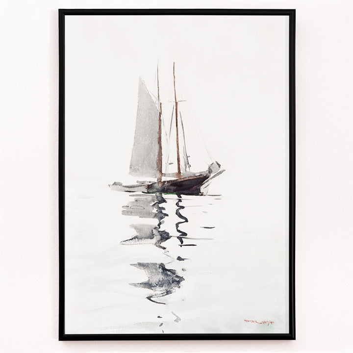 Closeup detail of Watercolor painting and poster of a two masted schooner with dory on calm water in watercolor style by Winslow Homer