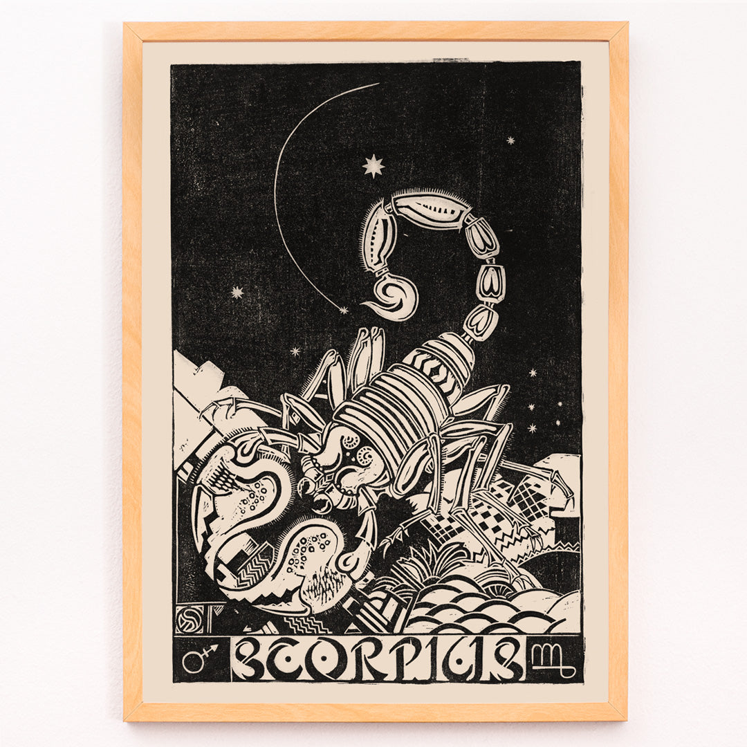 Closeup detail of Black and white illustration of a scorpion beneath stars in Scorpius by Henri van der Stok poster artwork