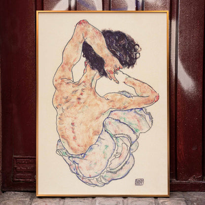 Egon Schiele Seated Nude Back View poster with seated nude from behind in loose linework and muted tones, framed and displayed in home decor