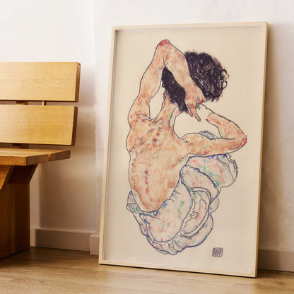 Egon Schiele Seated Nude Back View poster with seated nude from behind in loose linework and muted tones, framed and displayed in modern living room decor