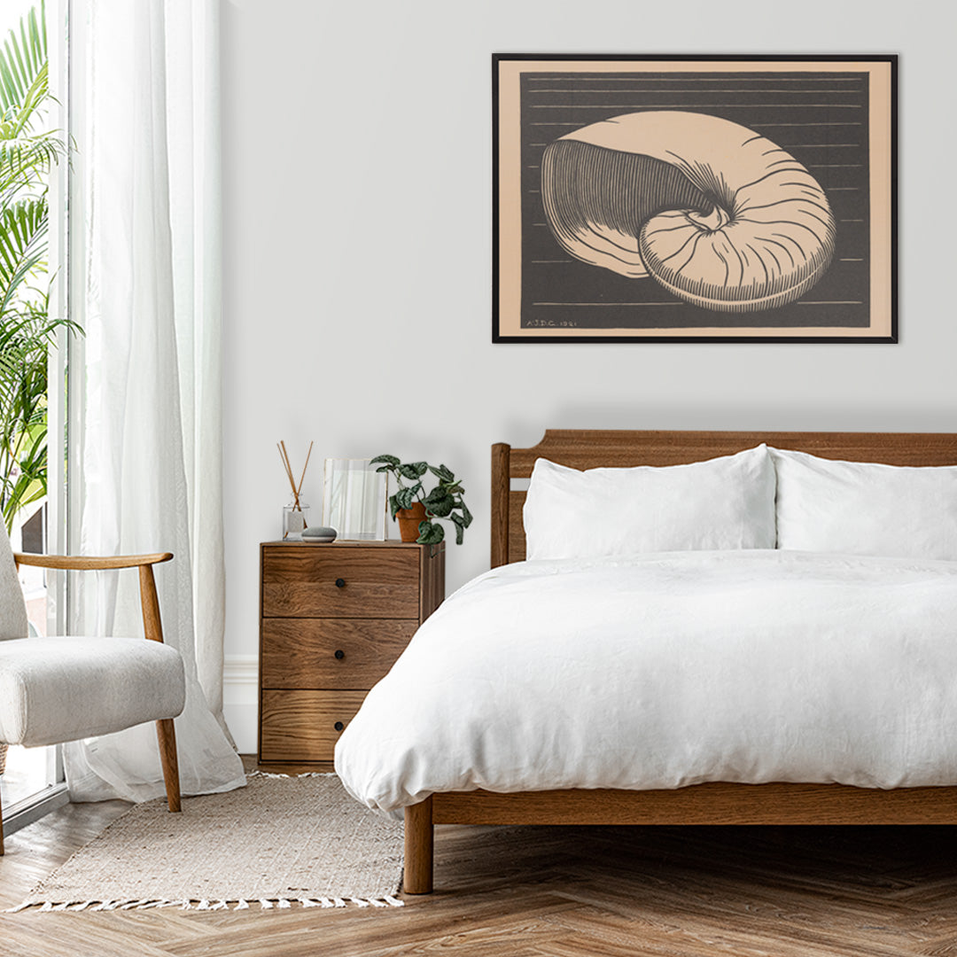 Black and white and beige shell illustration by Julie de Graag linocut artwork poster perfect for art and nature lovers, framed and displayed in home decor