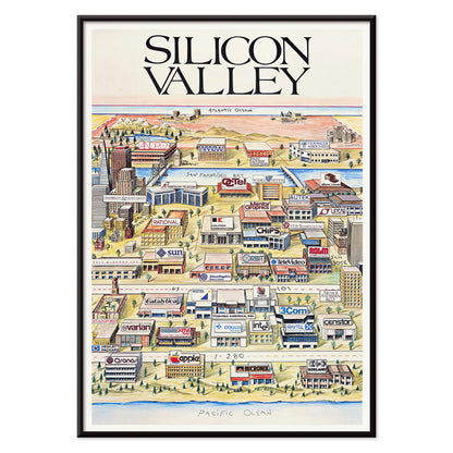 Silicon Valley Map poster by Kirby Scudder featuring tech company logos and notable companies illustration, with black aluminium frame on white background