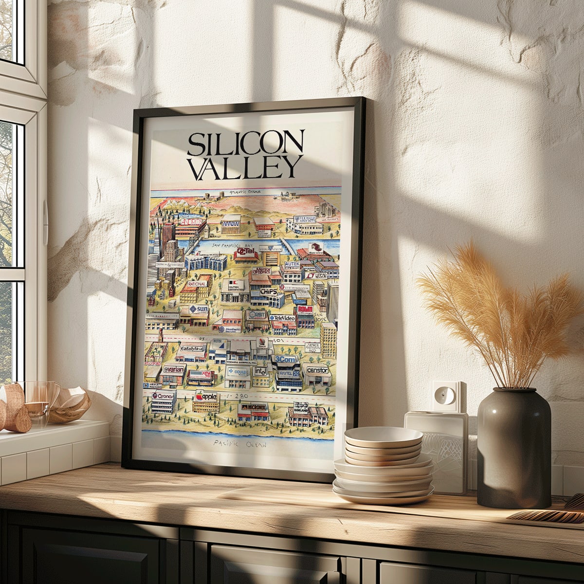 Silicon Valley Map poster by Kirby Scudder featuring tech company logos and notable companies illustration, framed and displayed in modern living room decor