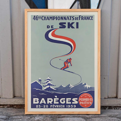 H. Mathieu French Ski Championships poster for Barèges with alpine skier, blue slopes, red and white ribbon graphics, snowy mountains, framed and displayed in home decor
