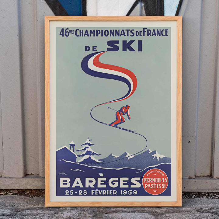 H. Mathieu French Ski Championships poster for Barèges with alpine skier, blue slopes, red and white ribbon graphics, snowy mountains, framed and displayed in home decor