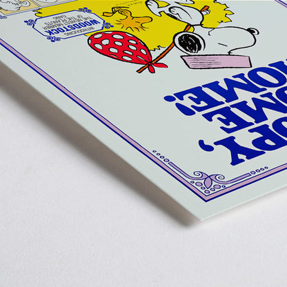 Closeup detail of Snoopy Come Home movie poster by Charles Schulz featuring Snoopy Woodstock Lucy and Charlie Brown in colorful Peanuts illustration