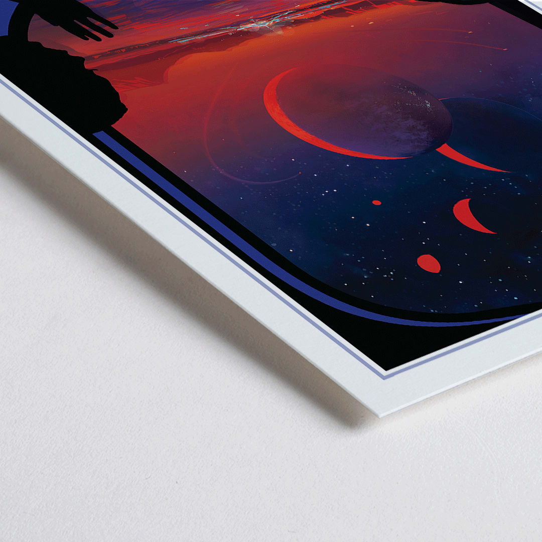 Closeup detail of Colorful sci fi poster of TRAPPIST-1e by NASA showing vibrant alien landscape with planets glowing sky and silhouetted figures viewed from a window