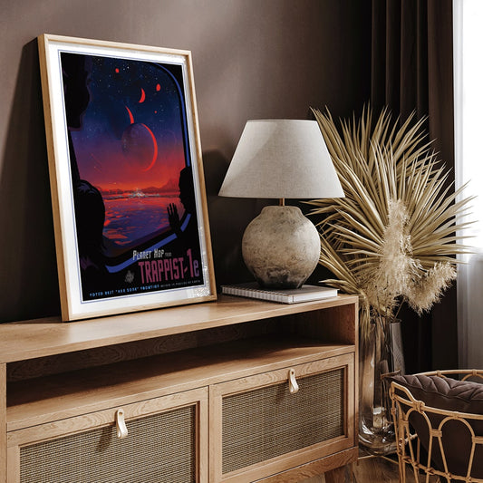 Colorful sci fi poster of TRAPPIST-1e by NASA showing vibrant alien landscape with planets glowing sky and silhouetted figures viewed from a window, framed and displayed in home decor