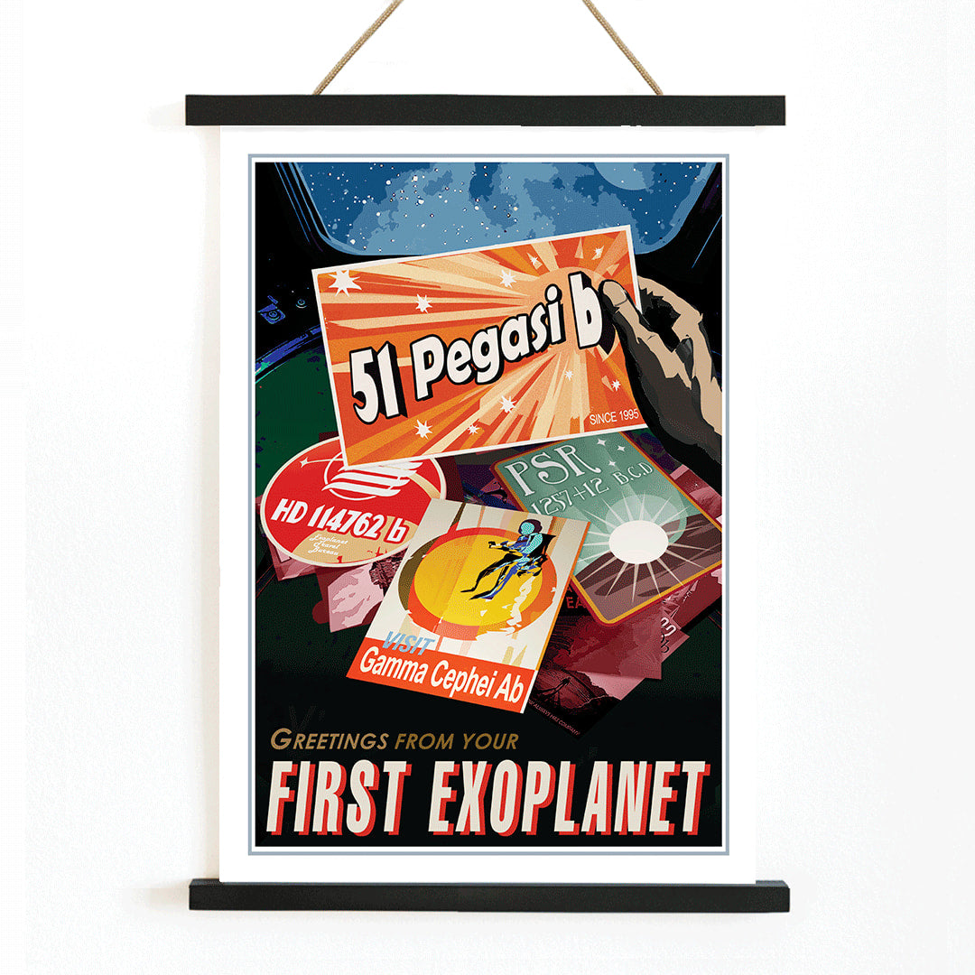 NASA retro style space travel poster with vibrant exoplanet postcards and text greetings from your first exoplanet wall decor, with wooden magnetic frame on white background