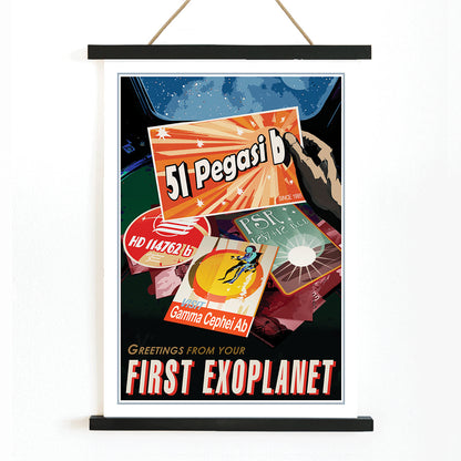 NASA retro style space travel poster with vibrant exoplanet postcards and text greetings from your first exoplanet wall decor, with wooden magnetic frame on white background