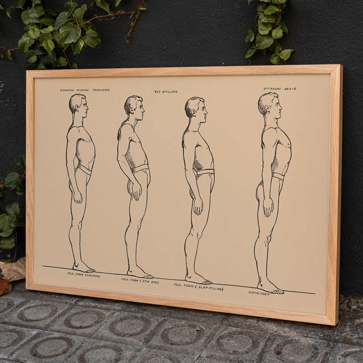 N.C. Roms Standing posture study poster with four side view figures in black line on beige background, framed and displayed in modern living room decor