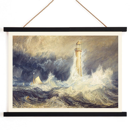 Bell Rock Lighthouse painting by Joseph Mallord William Turner showing a lighthouse in stormy seas with towering waves and a sailboat, with wooden magnetic frame on white background