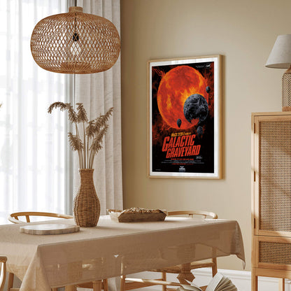 Fiery red star and dark planetary debris in space from Galactic Graveyard by NASA wall art poster for home decor, framed and displayed in home decor