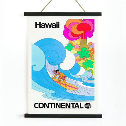 Colorful surfing scene artwork promoting Hawaii by Continental Airline featuring a surfer riding a vibrant wave titled Surf, with wooden magnetic frame on white background
