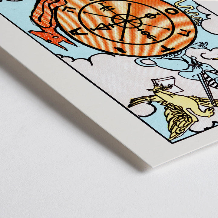 Closeup detail of Tarot The Wheel Of Fortune by Rider Waite featuring a mystical wheel surrounded by mythical creatures poster and card artwork
