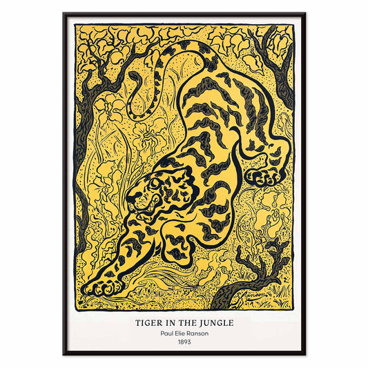 Tiger in the Jungle by Paul Ranson stylized illustration and poster of a tiger prowling through dense jungle foliage, with black aluminium frame on white background