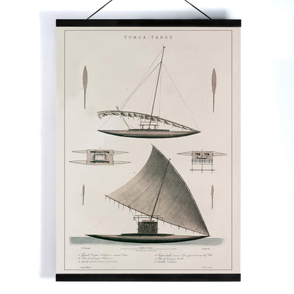 J. Tastu Tonga-Tabou poster with detailed pirogues of chief Palou, rigging studies, and antique nautical drawings in soft grey and beige tones, with wooden magnetic frame on white background