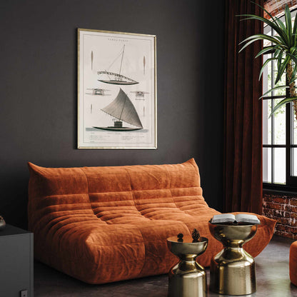 J. Tastu Tonga-Tabou poster with detailed pirogues of chief Palou, rigging studies, and antique nautical drawings in soft grey and beige tones, framed and displayed in modern living room decor