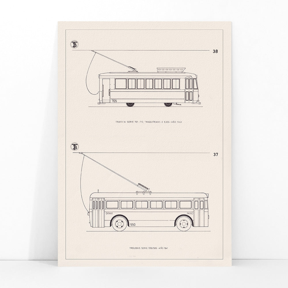 Technical drawings poster of tram Tranvia Serie 701 712 and trolleybus Trolebus Serie 550 589 by Maquitrans, framed and displayed in modern living room decor