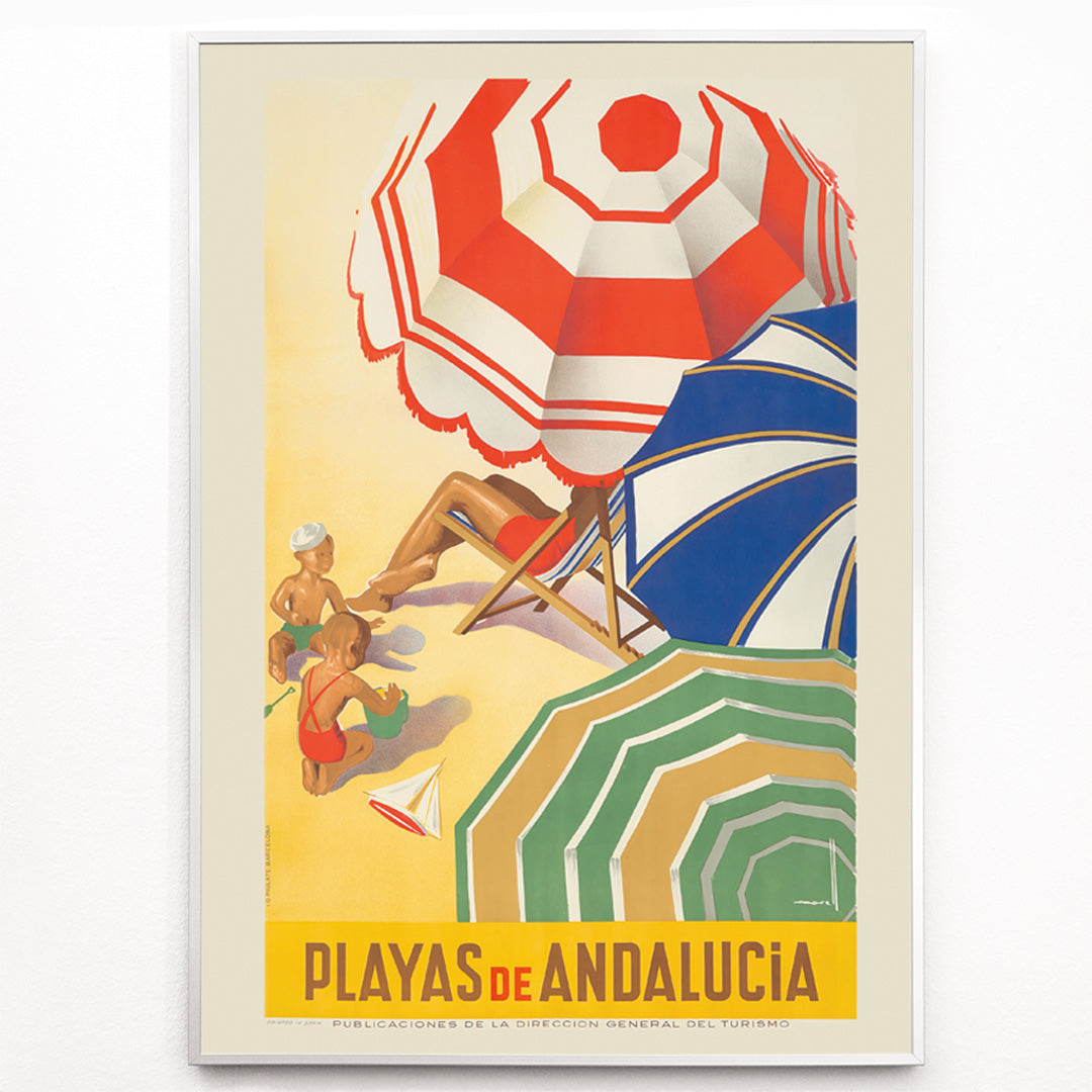 Closeup detail of Vintage beach scene with colorful umbrellas children playing and sunbathers on sand Playas de Andalucia by Jose Morell tourism artwork