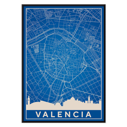 Minimalist Valencia Map poster by artist Minimalist featuring a detailed blue and white city map and skyline, with black aluminium frame on white background