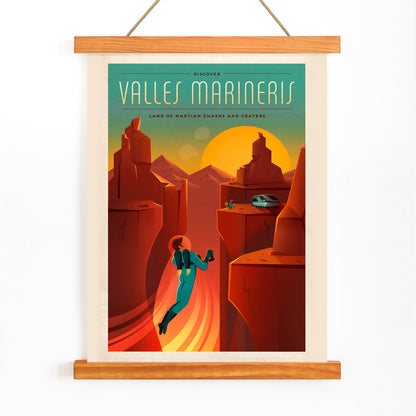 Astronaut exploring red Martian canyons at sunset in Valles Marineris by SpaceX poster, with wooden magnetic frame on white background