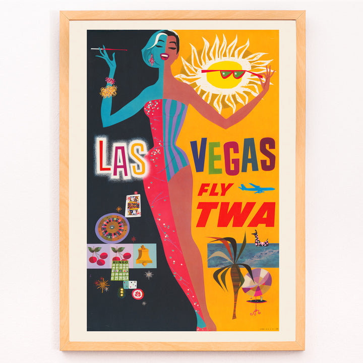 Closeup detail of Colorful vintage Las Vegas travel poster by David Klein featuring showgirl stylish woman sun and casino imagery promoting Las Vegas fly TWA