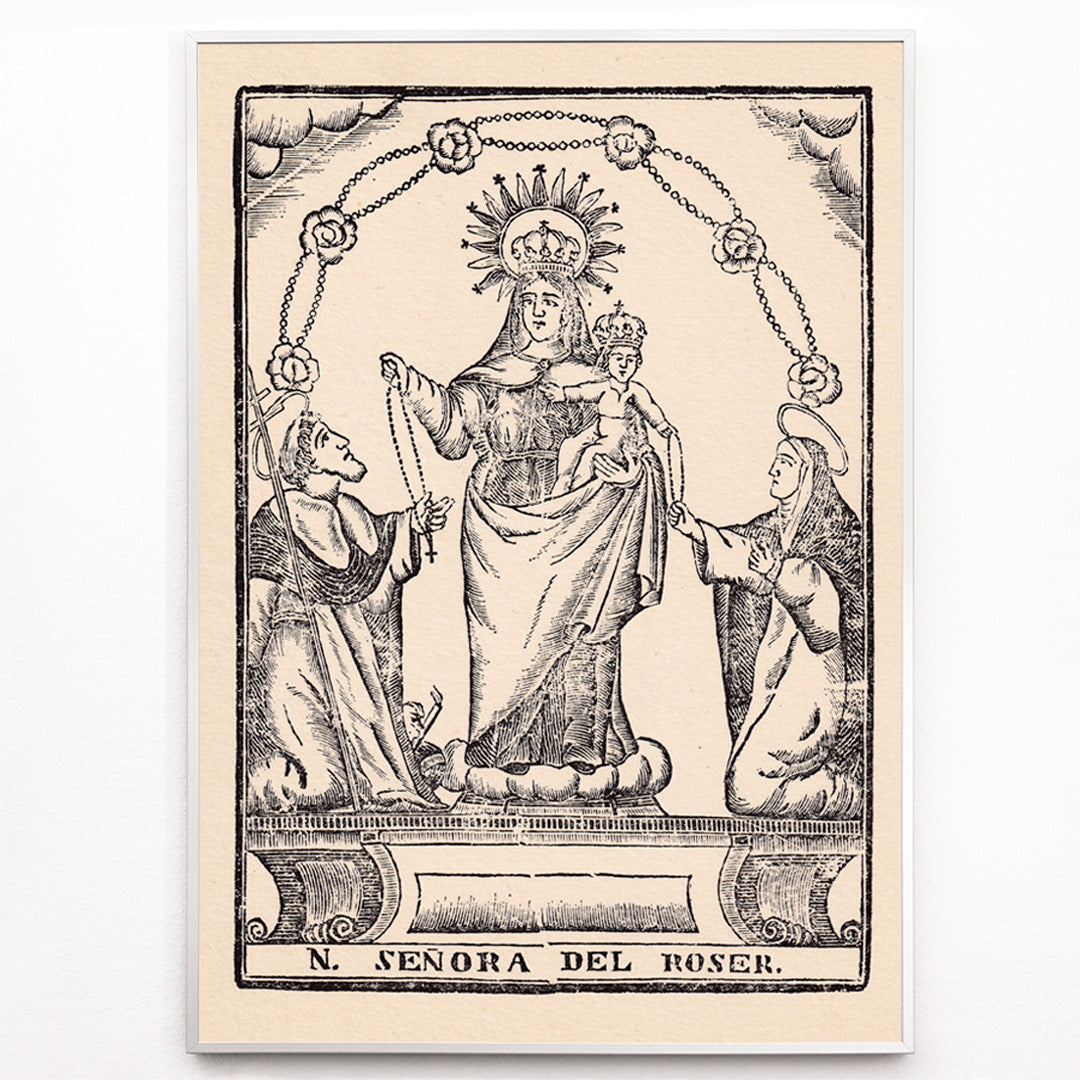 Closeup detail of Nuestra Senora del Roser Virgin Mary holding Child Jesus with saints black and white religious illustration and crowned Madonna and child surrounded by saints traditional religious artwork