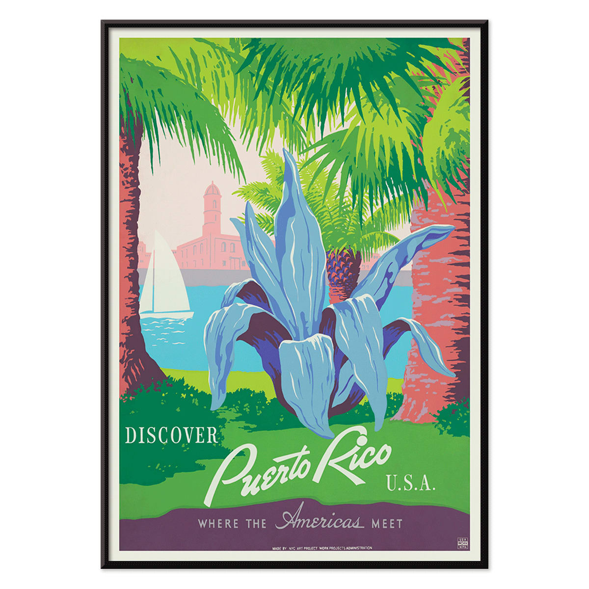 Discover Puerto Rico travel poster by WPA featuring vibrant tropical scenery tropical plants a sailboat and a historic fort in colorful art, with black aluminium frame on white background