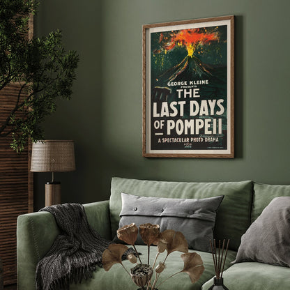 Dramatic volcanic eruption movie poster with bold text for The Last Days of Pompeii by H C Miner Litho Co, framed and displayed in home decor