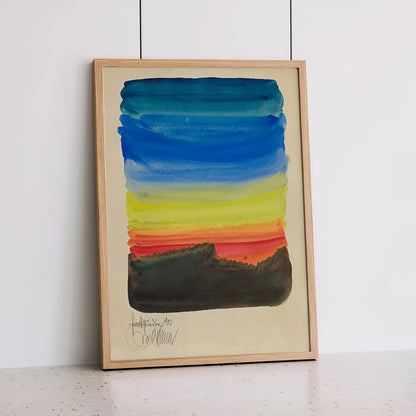 Abstract watercolor landscape poster by Karl Wiener Farbstudien 10 Blätter X featuring vibrant blue yellow red and black horizontal brushstrokes, framed and displayed in home decor