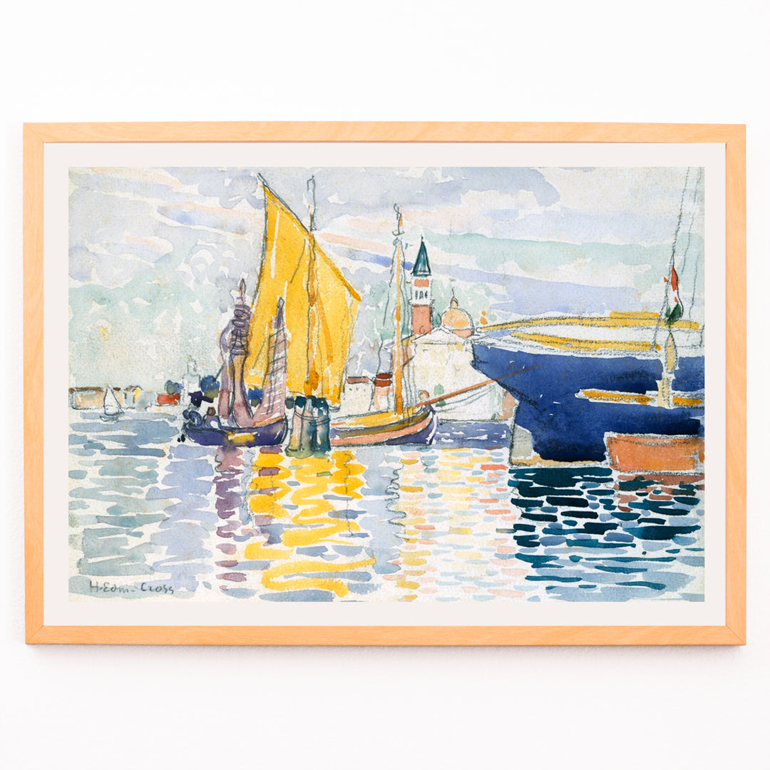 Closeup detail of Venice The Giudecca by Henri Edmond Cross colorful sailboats and canals with vibrant reflections poster artwork