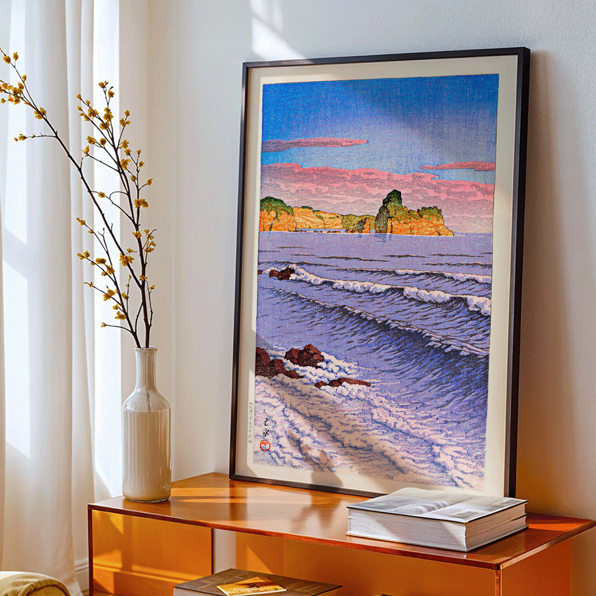 Colorful seascape waves and rocky shore with ocean waves and coastal cliffs in Morning Sea at Bikuni in Shiribeshi Province by Kawase Hasui under a colorful sky, framed and displayed in home decor