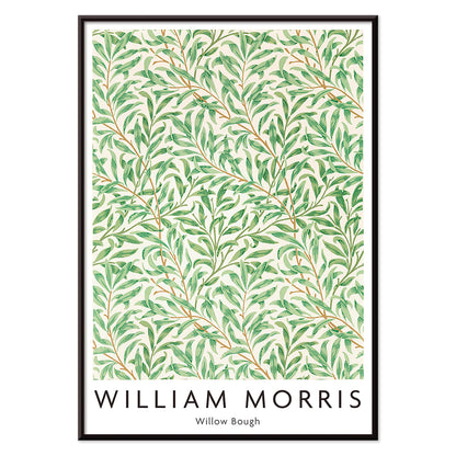 Willow Bough by William Morris leafy botanical pattern poster with intricate green willow branches and leaves on light background, with black aluminium frame on white background